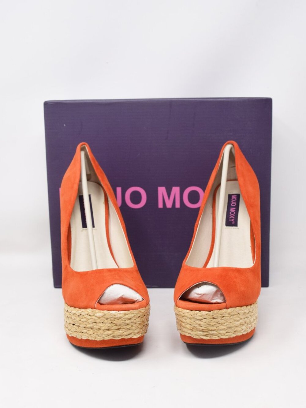 Mojo Moxy Tropicana Platform Pumps 7.5 B Orange Espadrille Heels New Open Peep